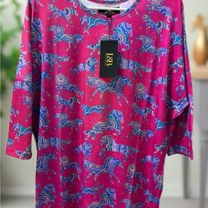 L&B Hot Pink and Blue Paisley Horse Print Blouse